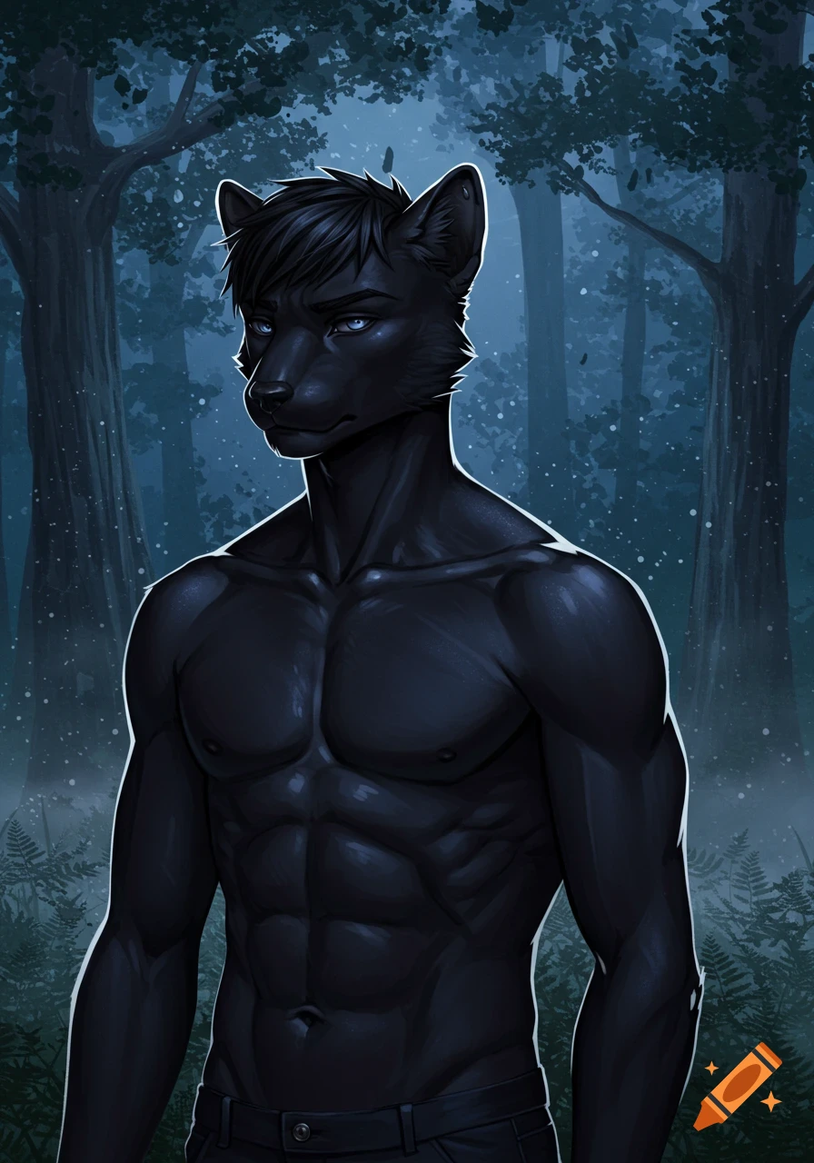 A muscular black panther furry with blue eyes and short black hair stands shirtless in a dark, misty forest, digital art.
