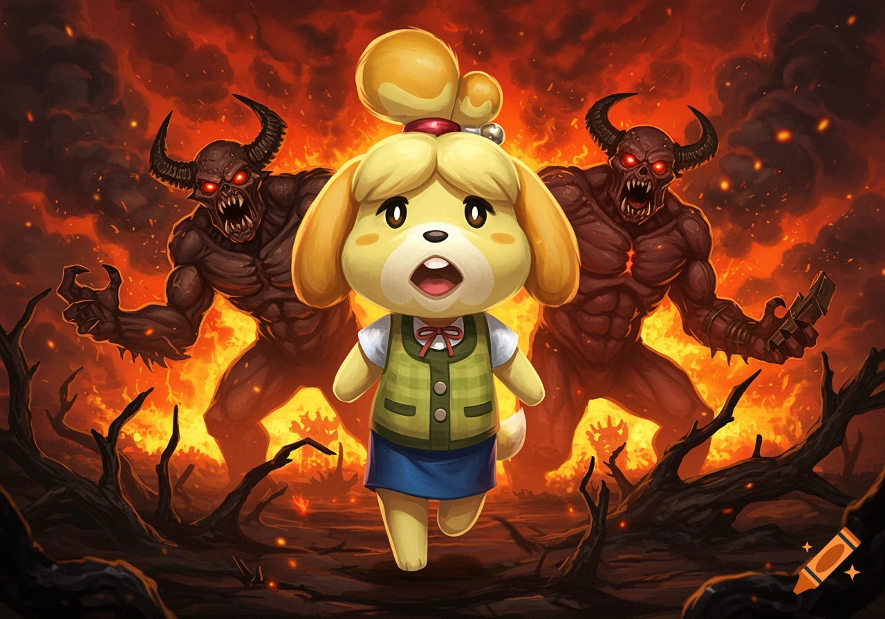 Isabelle from Animal Crossing looks scared as she runs from two large, red-eyed demons in a fiery, hellish landscape, in an illustrated style.