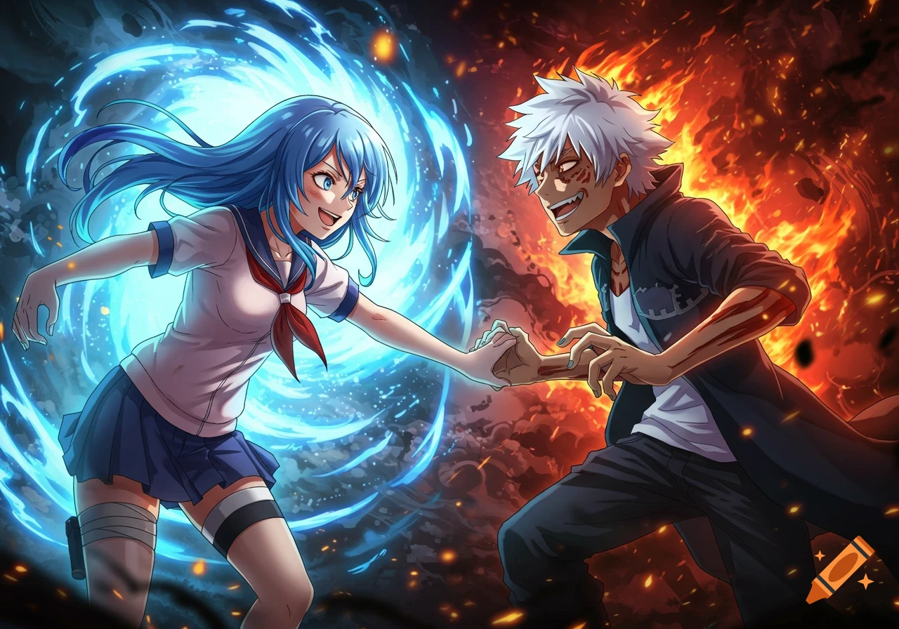 Anime illustration of a blue-haired girl and white-haired boy smiling while fighting with elemental powers, one with blue energy, the other with fire.