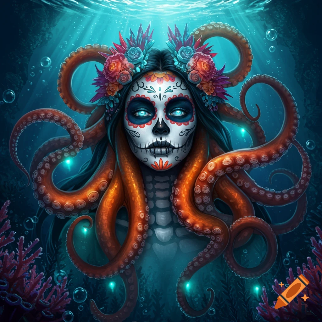 A sugar skull woman with glowing eyes and long, orange octopus tentacles as hair, underwater with coral.
