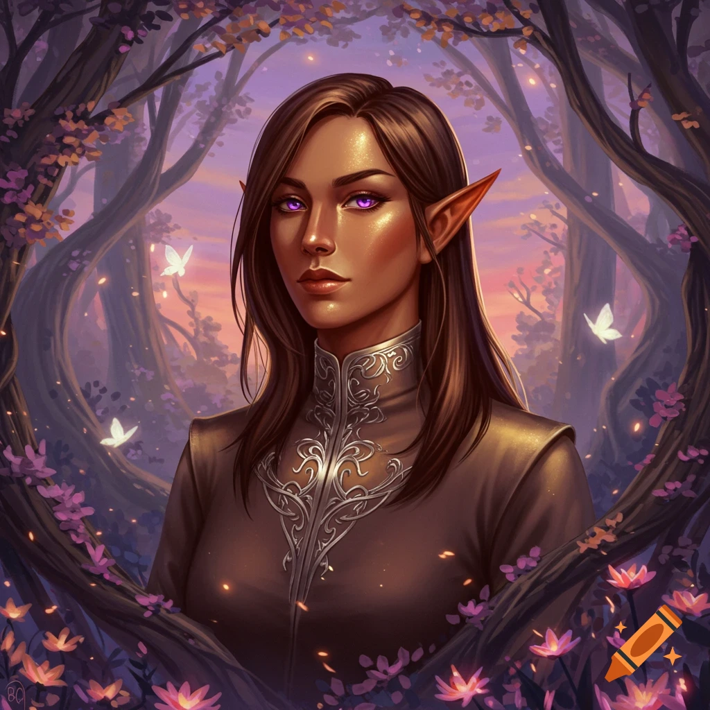 A digital painting of an elf woman with brown hair and glowing purple eyes, framed by intertwining trees and vibrant purple flowers in an enchanted forest.