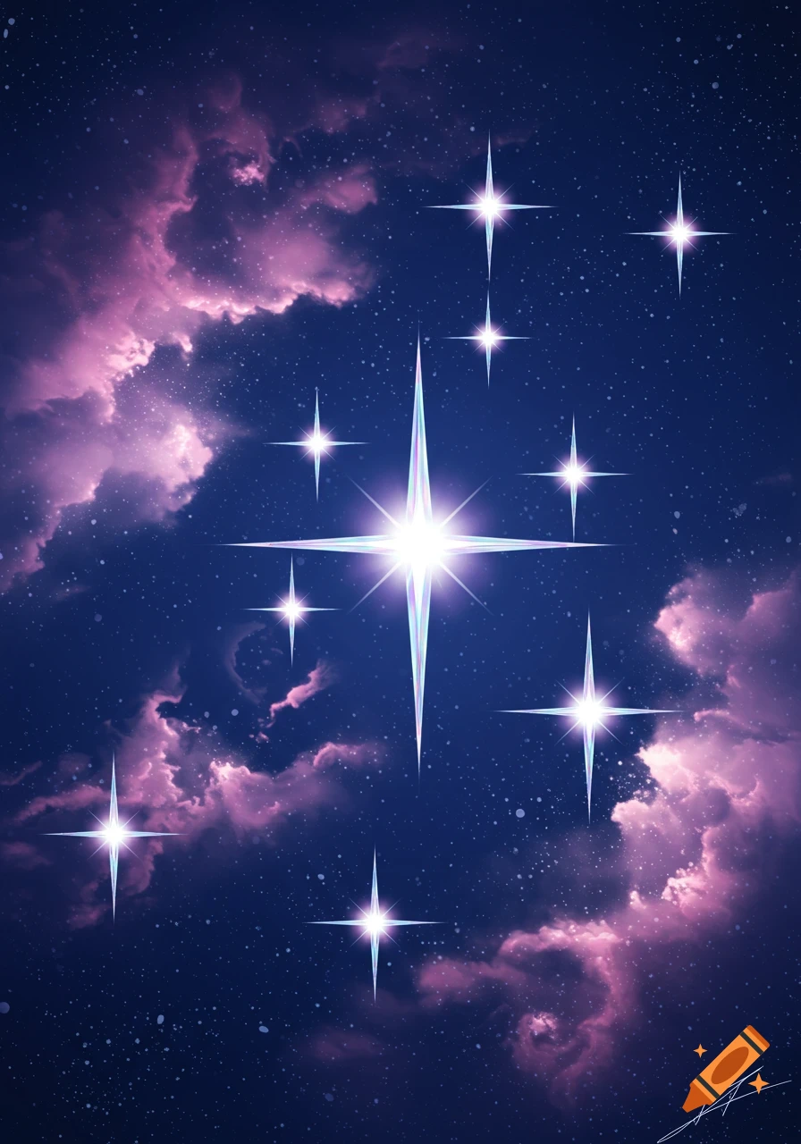 A vibrant, dark blue and purple starry night sky with numerous bright, pointy stars and nebula-like clouds.