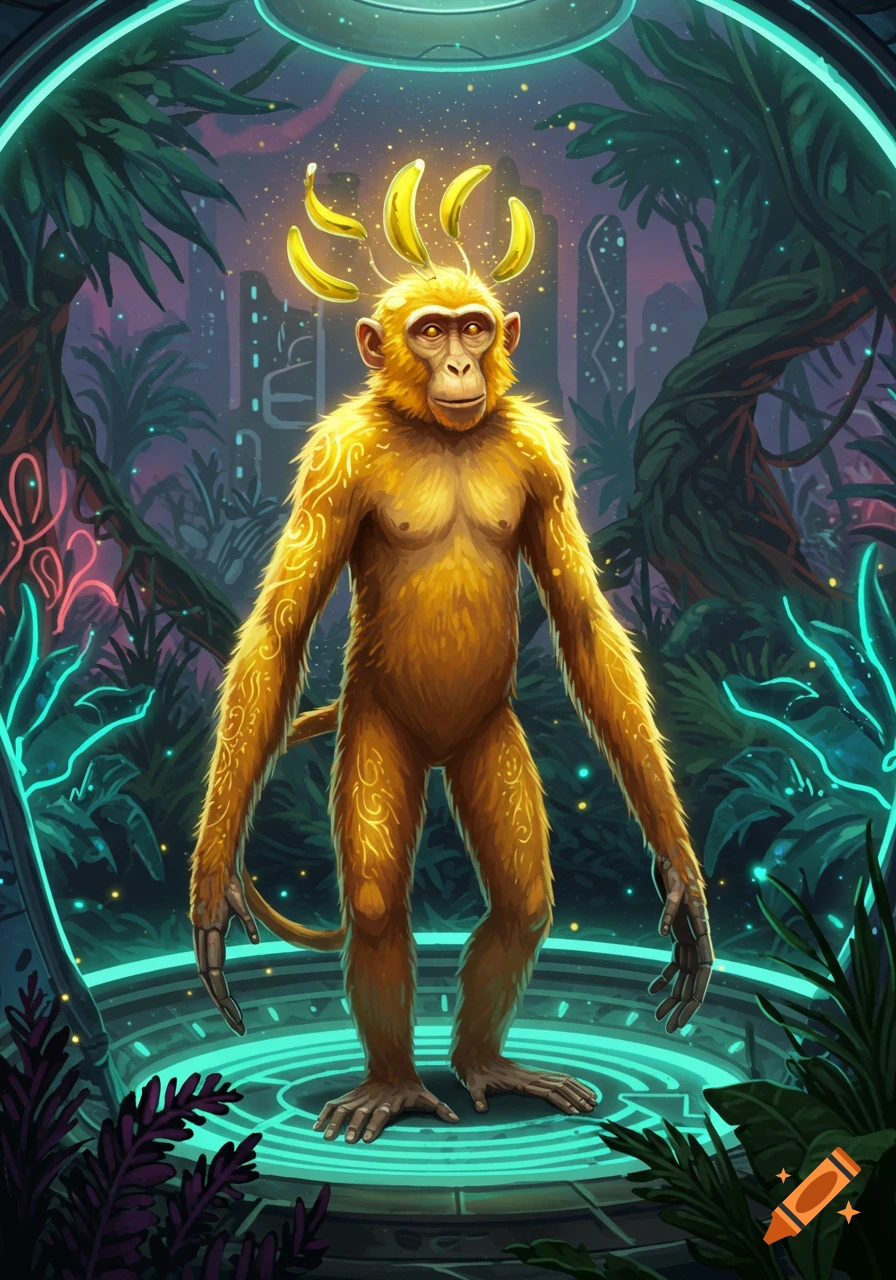 A golden, bioluminescent monkey with banana-shaped neural interfaces stands in a futuristic jungle biodome with neon lights.