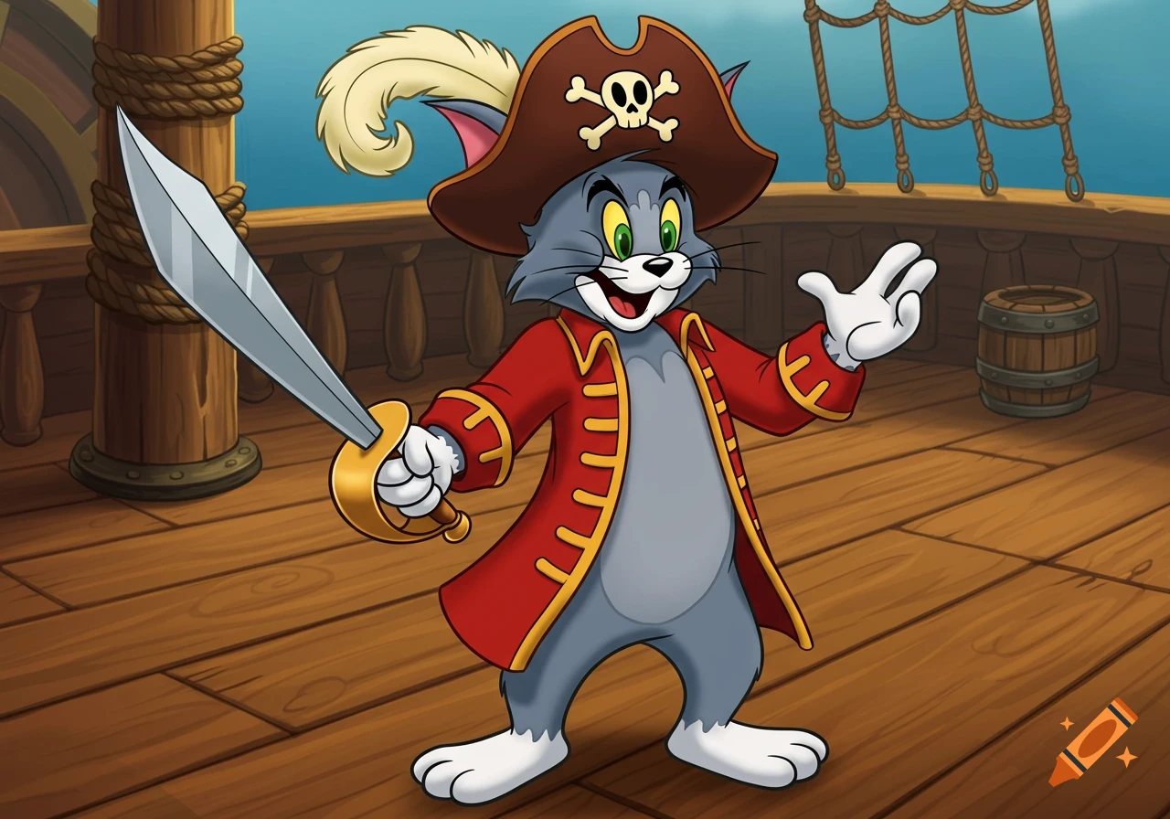 Tom the cat from Tom and Jerry dressed as a pirate holding a sword on a ship deck.