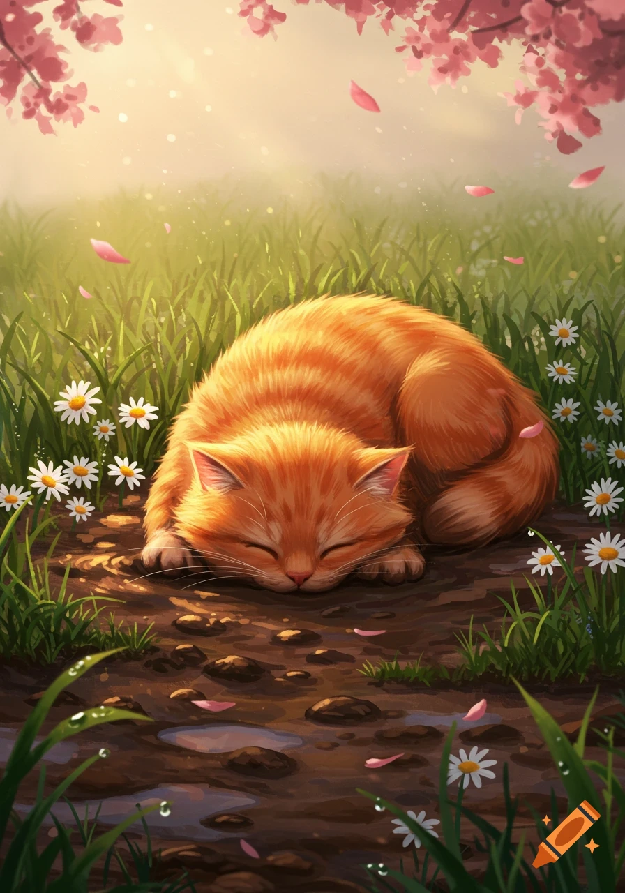 A fluffy orange cat sleeps soundly on a muddy path, surrounded by green grass, white daisies, and pink cherry blossom petals.