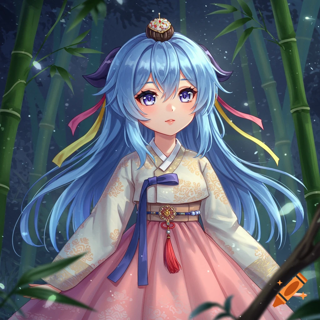 A cute anime girl with blue hair and purple eyes wearing a traditional Korean hanbok stands in a dark bamboo forest.