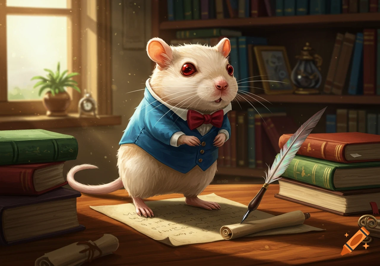 A cute white gerbil in a blue jacket and red bow tie stands on a paper with a quill in a cozy, sunlit library.