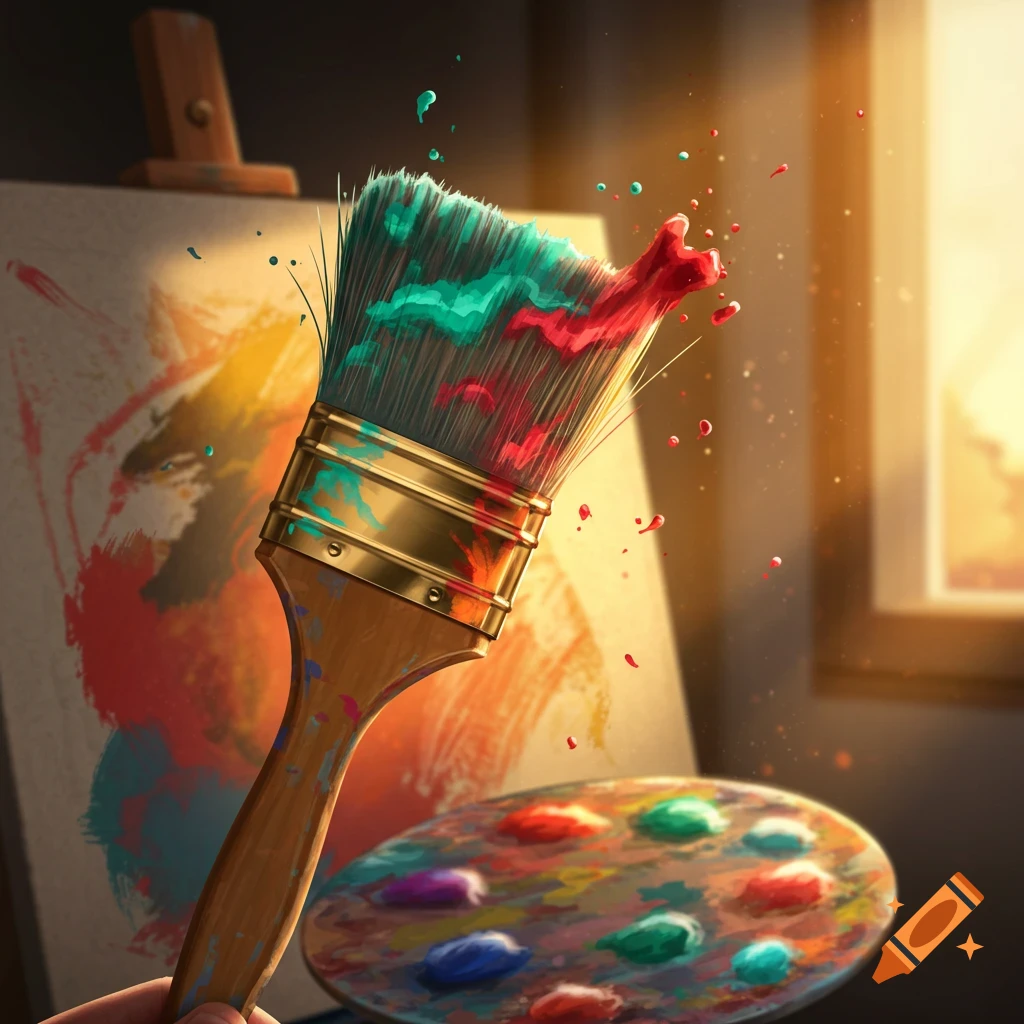 A close-up of a colorful paintbrush covered in red and teal paint, with paint splatters, in front of an easel and palette.