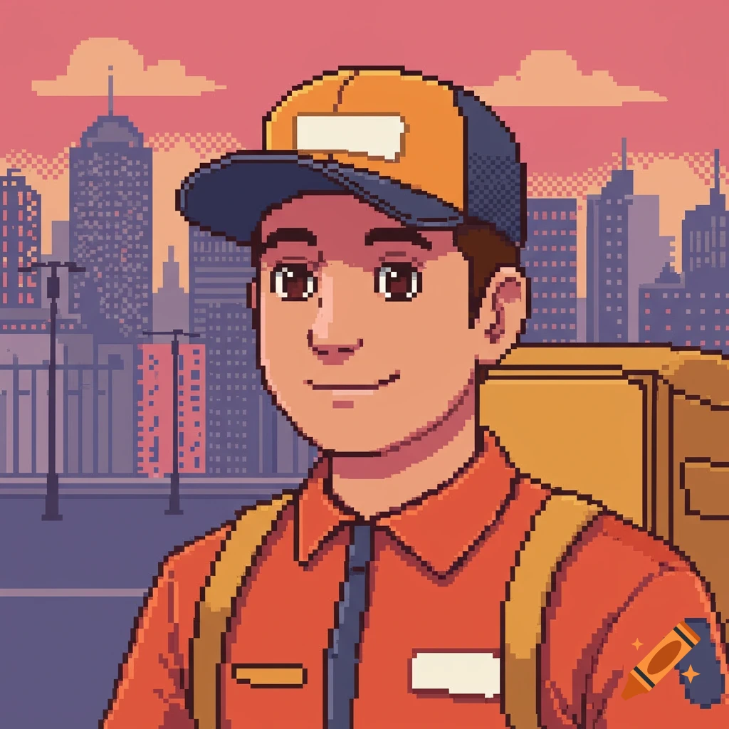 Pixel art portrait of a smiling delivery driver wearing an orange and blue uniform and a backwards cap, with a city skyline in the background.