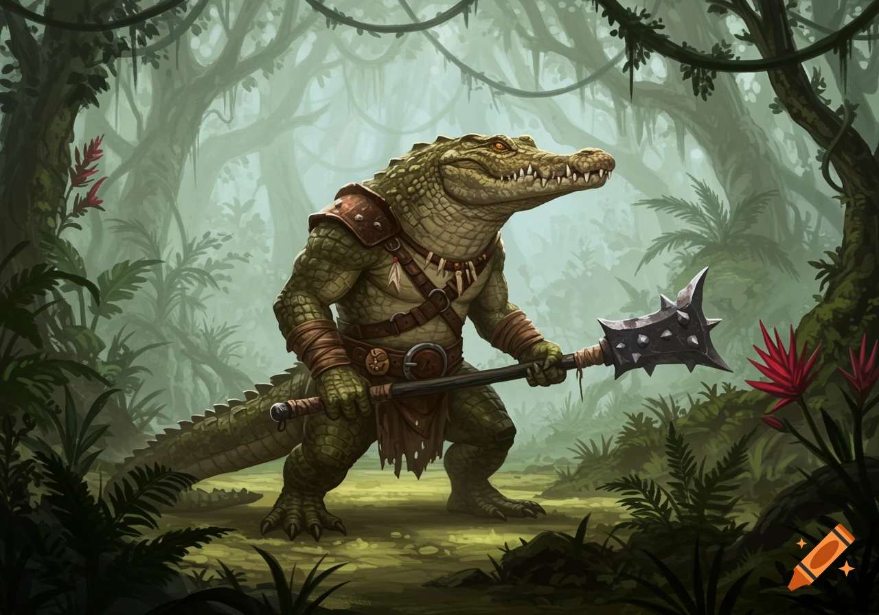 A formidable crocodile-like guardian creature in fantasy armor holds a spiked club in a lush jungle.