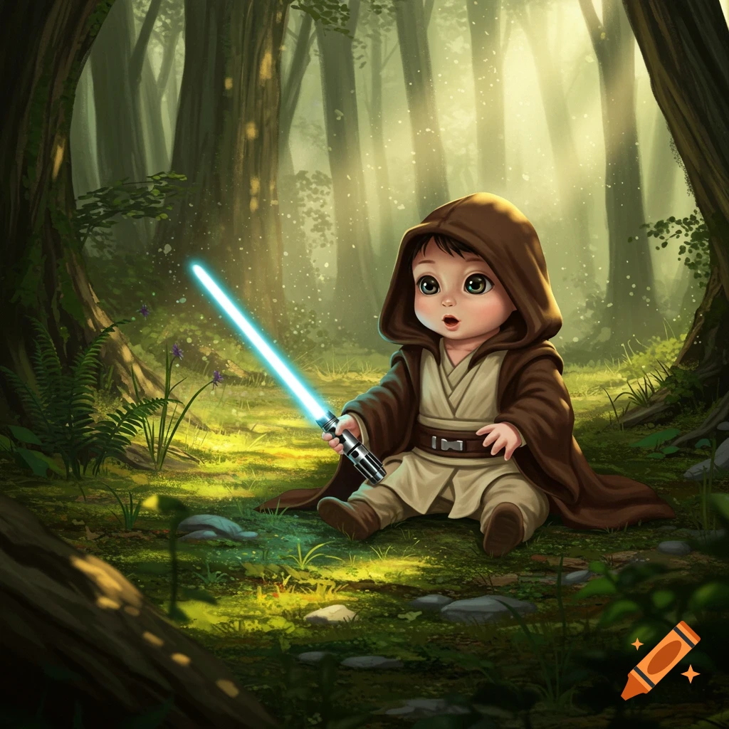 A cute baby dressed as a Jedi youngling sits in a mystical forest holding a glowing blue lightsaber.