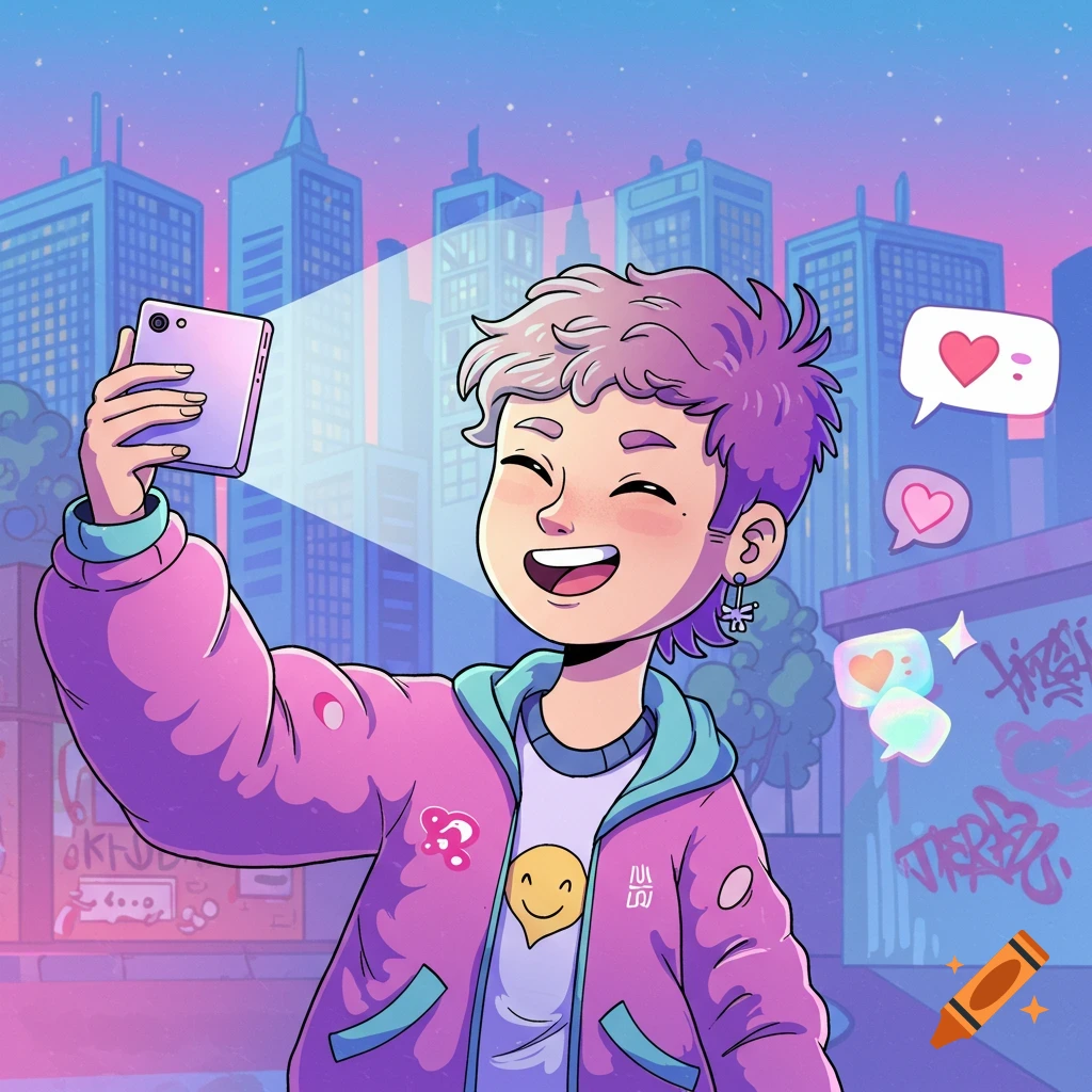 A cartoon person with purple hair smiles while taking a selfie with a phone in a city at dusk. Heart-shaped speech bubbles float nearby.