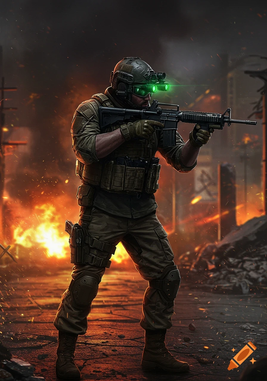 A soldier in tactical gear with glowing night vision goggles holds an M4 rifle in a fiery, war-torn urban environment.