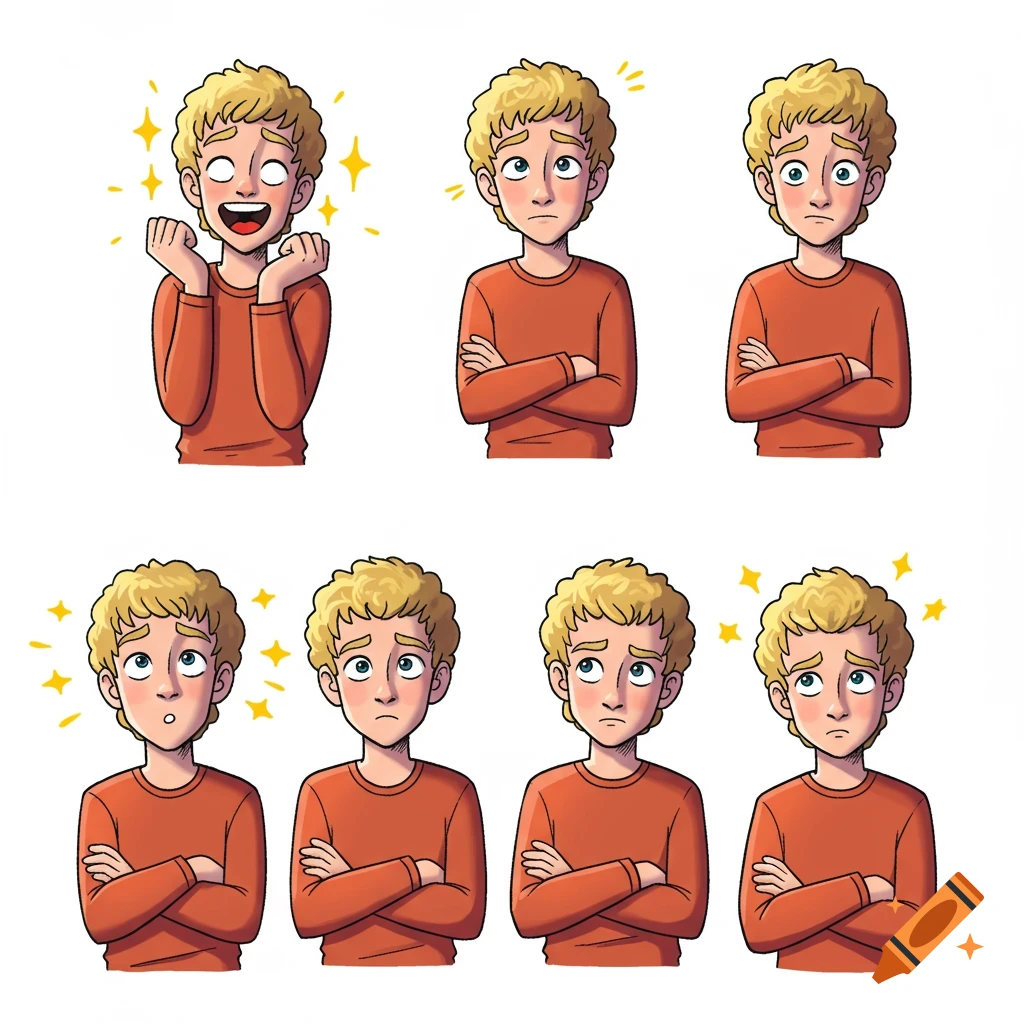 A chart of a cartoon blond male showing eight different facial expressions and poses, including excitement, sadness, and contemplation.