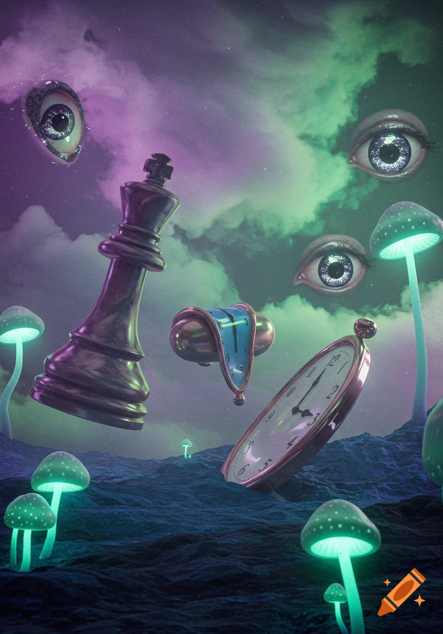 A surreal dreamscape featuring a large floating chess king, melting and tilted clocks, detached eyes, and glowing mushrooms against a purple and green cloudy, starry sky over a dark, wavy landscape.