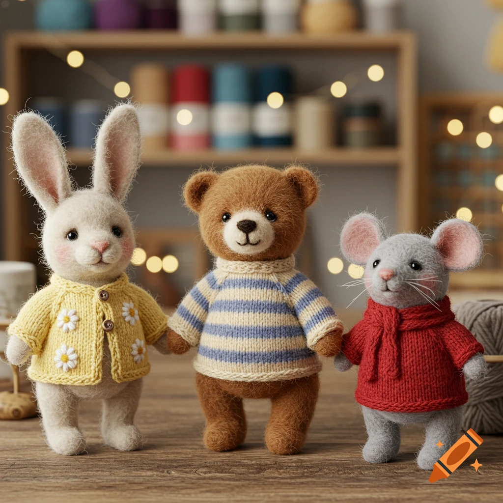Three cute felted wool animals – a white rabbit, a brown bear, and a grey mouse – wearing sweaters on a wooden surface.