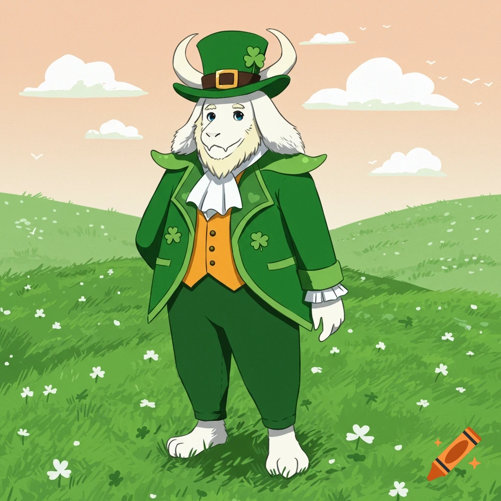 A cartoon goat-like character wearing a green top hat and suit with an orange vest, standing in a green field with clovers.