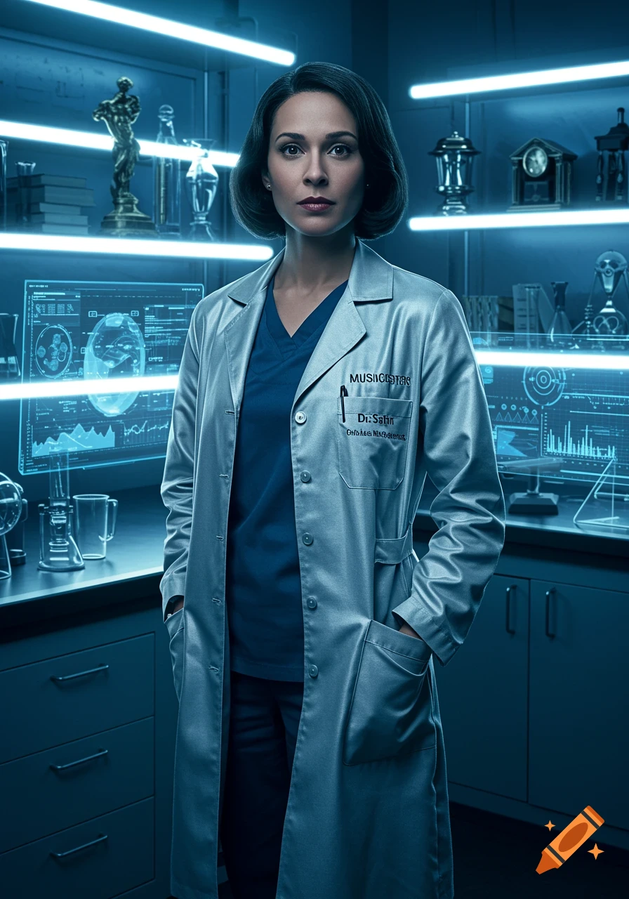 A serious woman with dark hair in a lab coat stands in a futuristic laboratory with glowing blue screens and equipment.