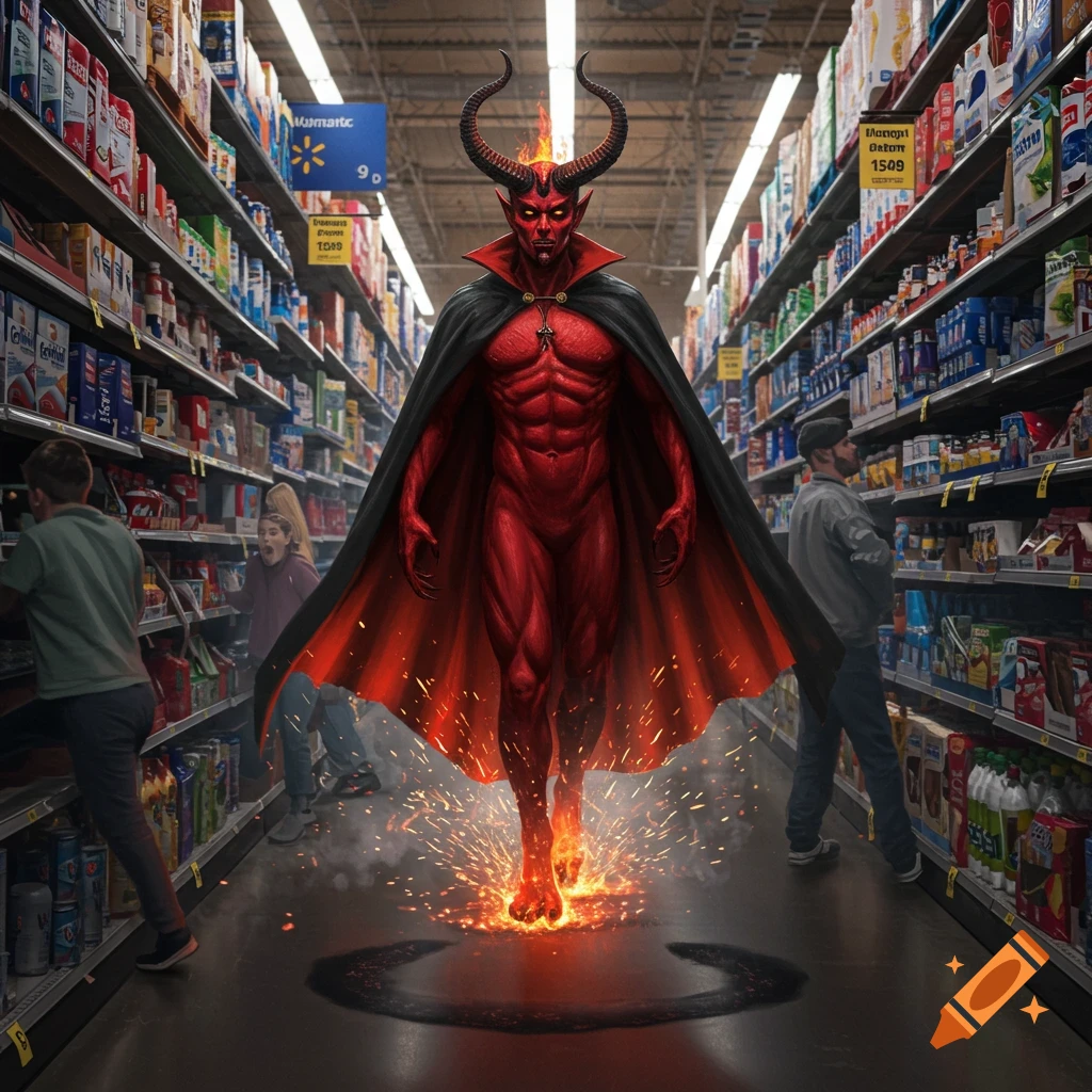 A demonic figure, red-skinned with horns and a black cape, walks menacingly down a supermarket aisle with sparks and smoke around its feet. Shoppers in the background appear surprised or unfazed.