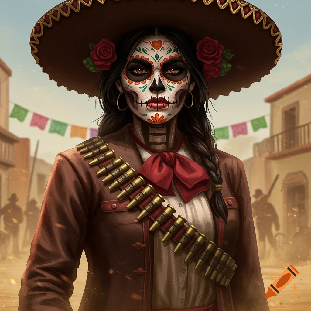 A stylized portrait of a woman with sugar skull makeup, wearing a sombrero and a bullet belt, standing in a dusty Mexican town.