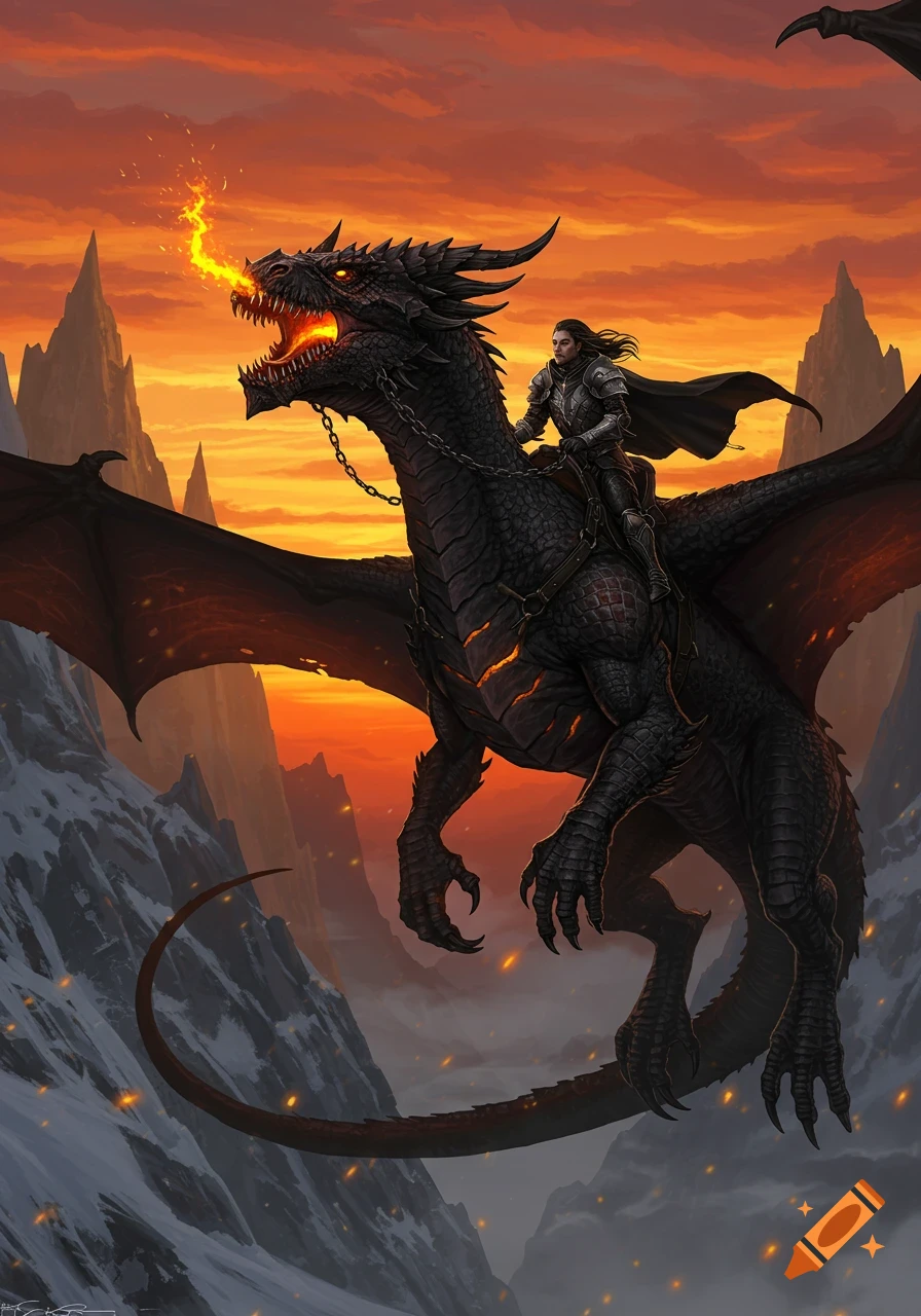 A dark dragon with a rider in armor flies over snowy mountains at sunset, breathing fire.