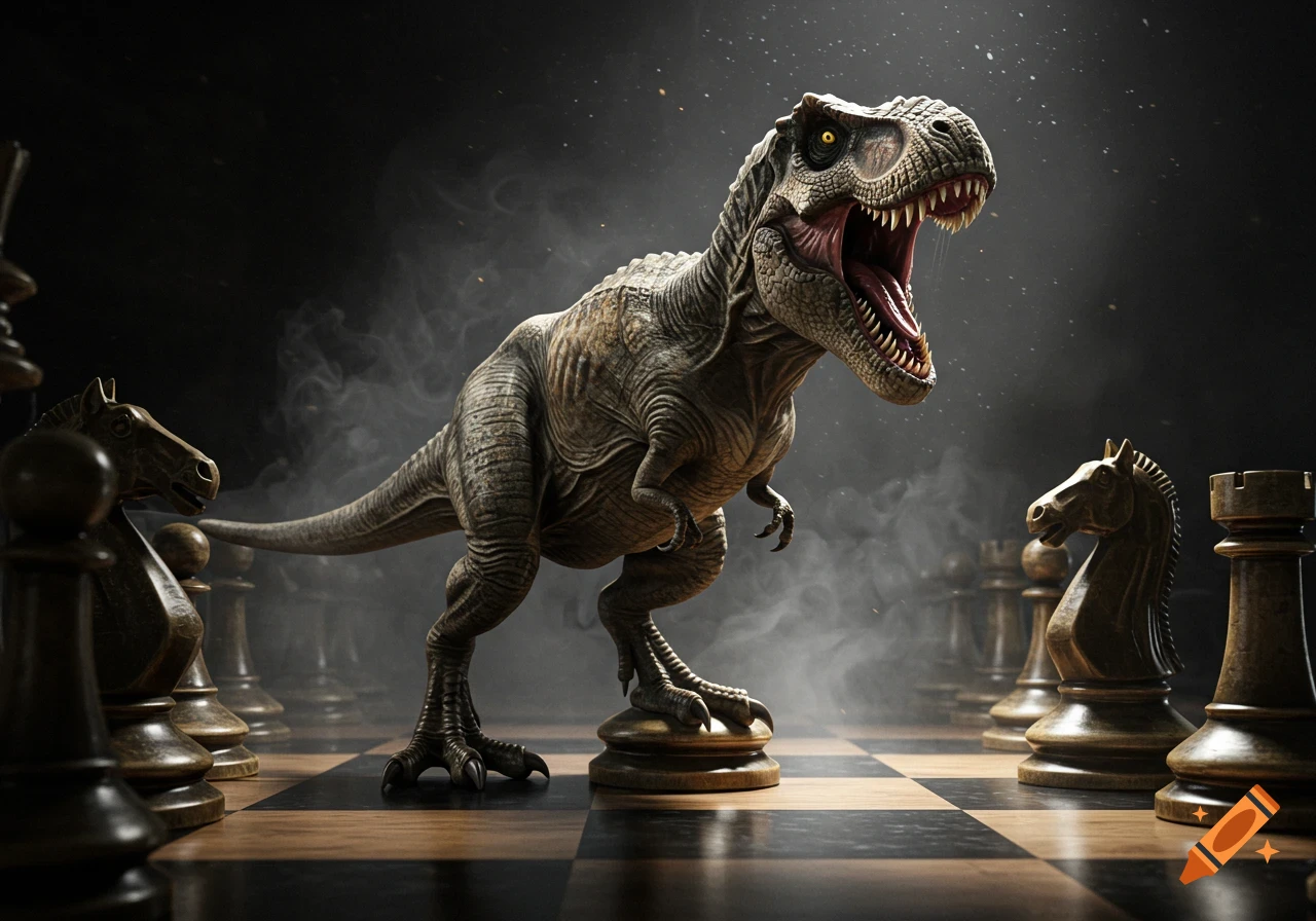 A photorealistic T-rex stands on a chess piece on a chessboard, surrounded by other wooden chess pieces.