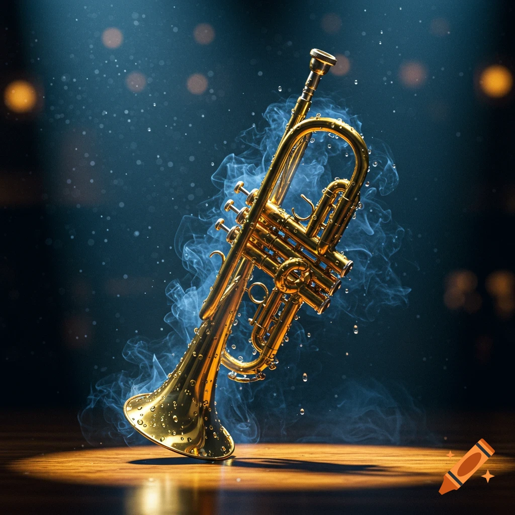 A golden trumpet covered in water droplets with blue smoke emanating from it, standing on a wooden surface under spotlights.