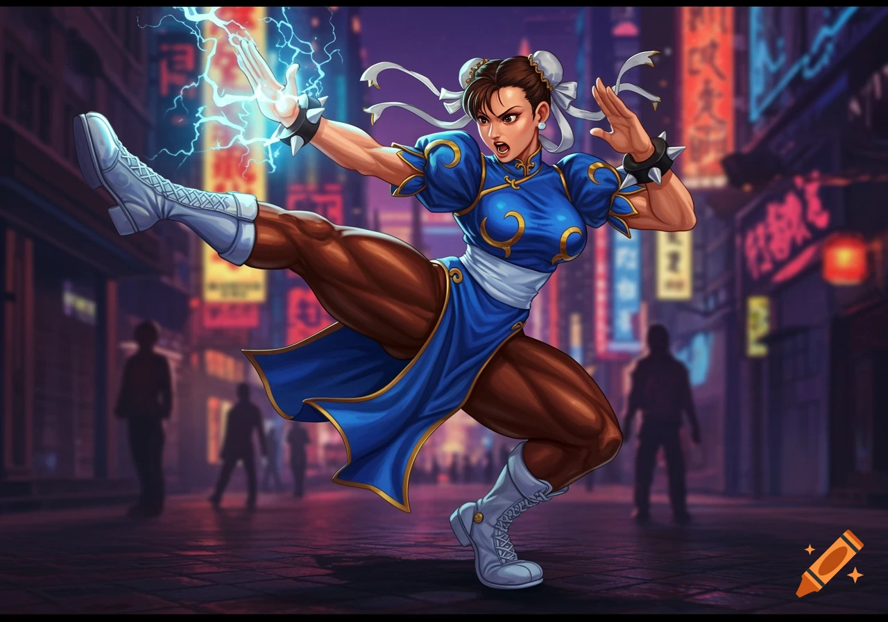 Chun-Li, a muscular woman in a blue qipao, performs a lightning kick in a neon-lit city street.
