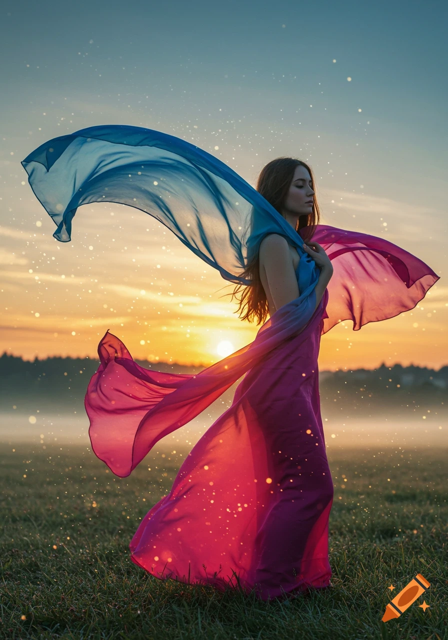 A woman stands in a misty field at sunset, draped in flowing blue and pink fabric, with sparkling light effects.