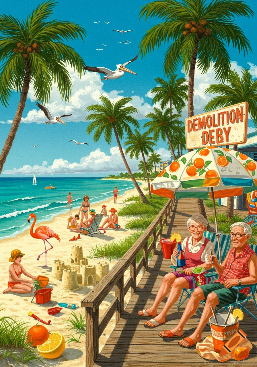 A vibrant, retro-style illustration of a sunny Florida beach with palm trees, people playing and relaxing, and a flamingo near sandcastles.