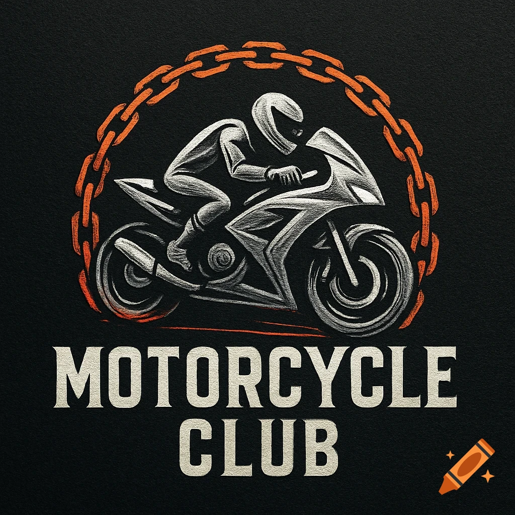 A stylized black and white illustration of a motorcyclist on a sport bike, framed by an orange chain, with "MOTORCYCLE CLUB" text below.
