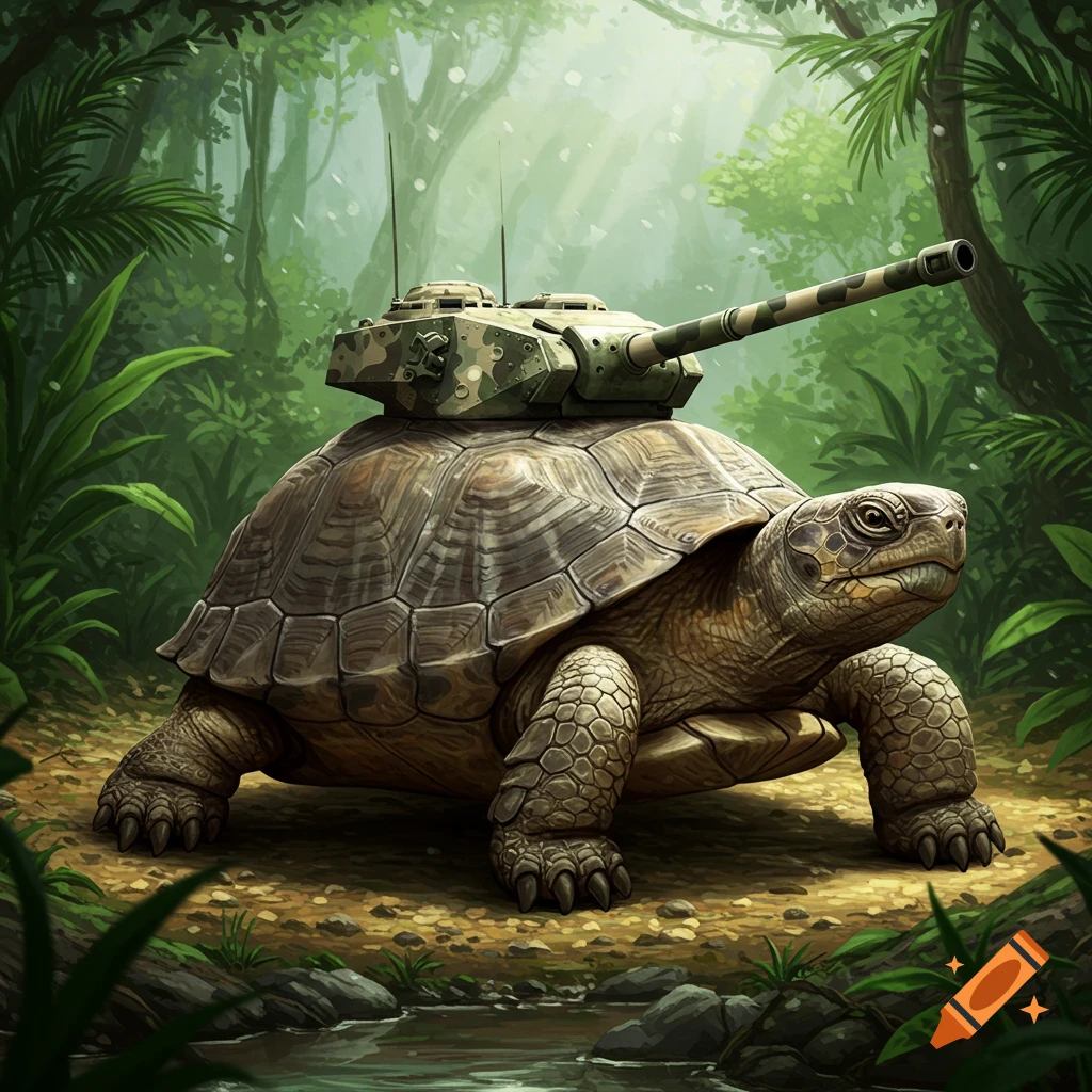 A large brown turtle with an army camouflage tank on its back as a shell walks through a lush green jungle.