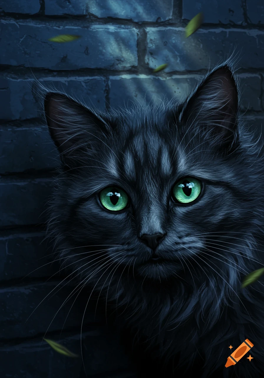 A close-up portrait of a fluffy black cat with vibrant green eyes against a dark brick wall.