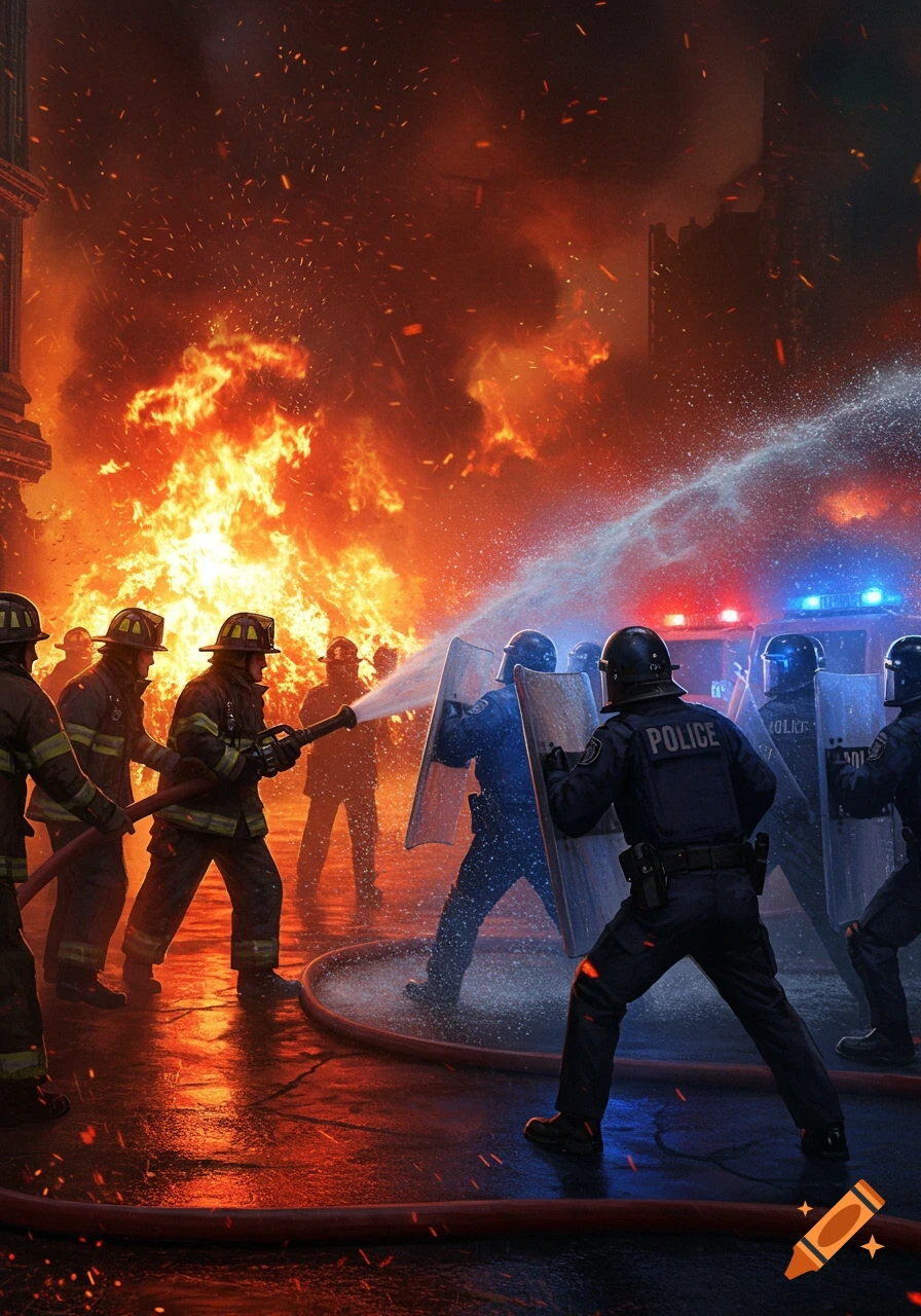 Firefighters spray water on a massive blaze as police in riot gear stand guard in a chaotic urban scene.