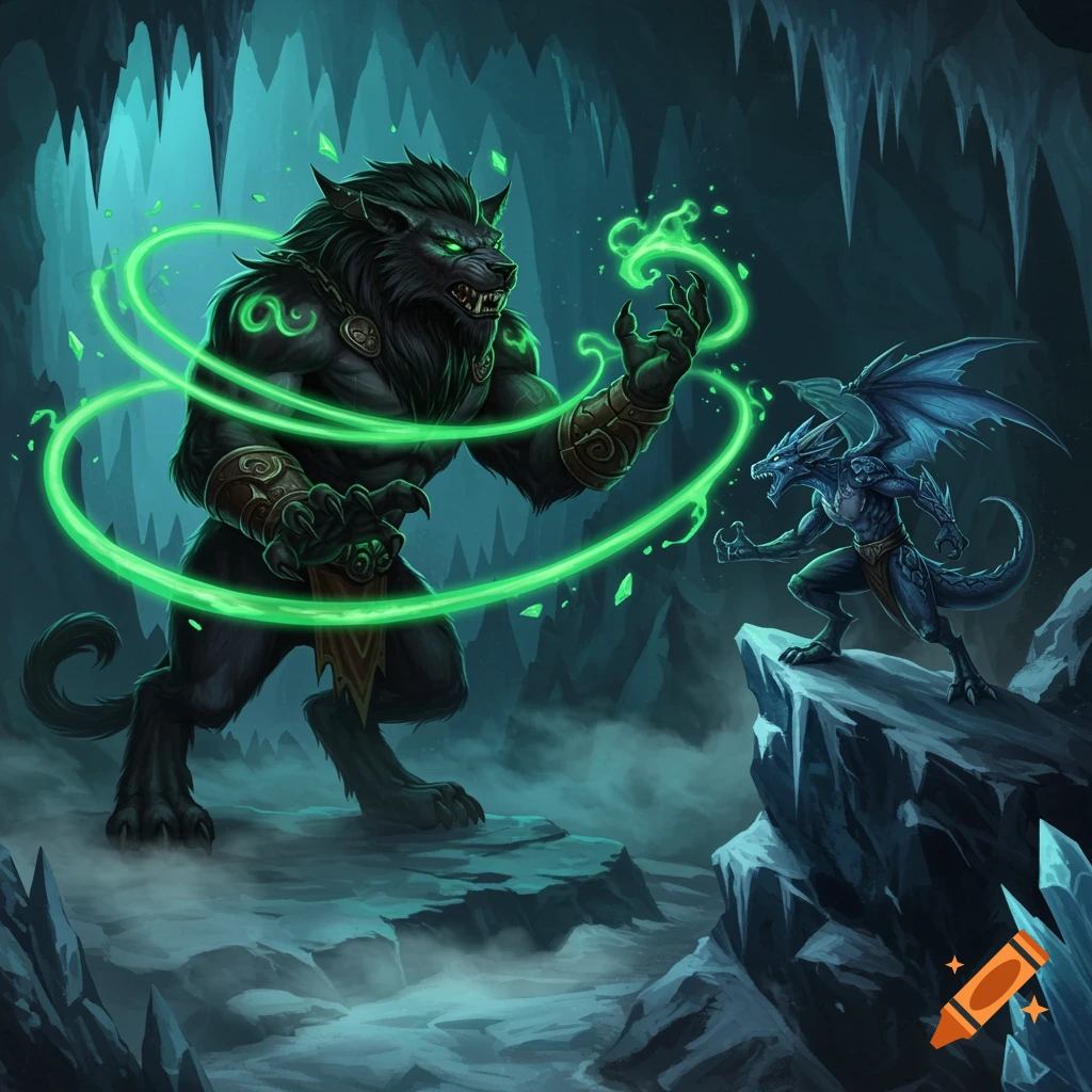 A powerful black werewolf-like creature casts a vibrant green magic spell at a blue dragon-like creature in an icy cave.
