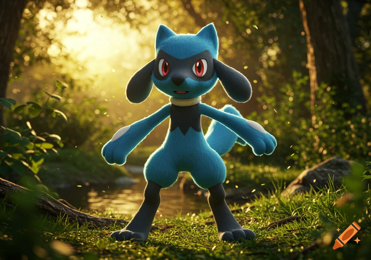 A hyper-realistic Riolu stands in a sunlit forest clearing with green grass and trees, looking forward.