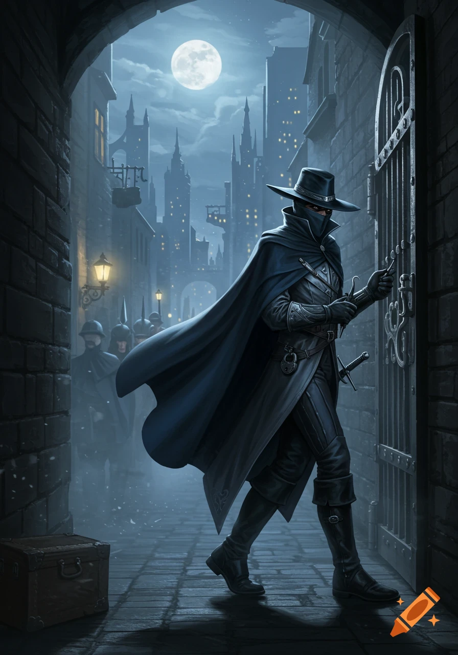A masked, cloaked figure picks a lock on a gate in a dark, moonlit city alley, with guards approaching in the background.
