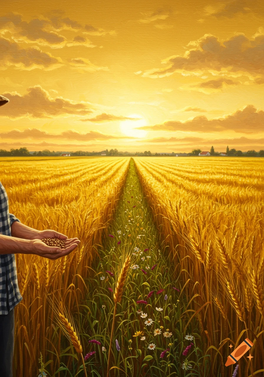 A farmer holds seeds in a golden wheat field with a path of wildflowers at sunset.