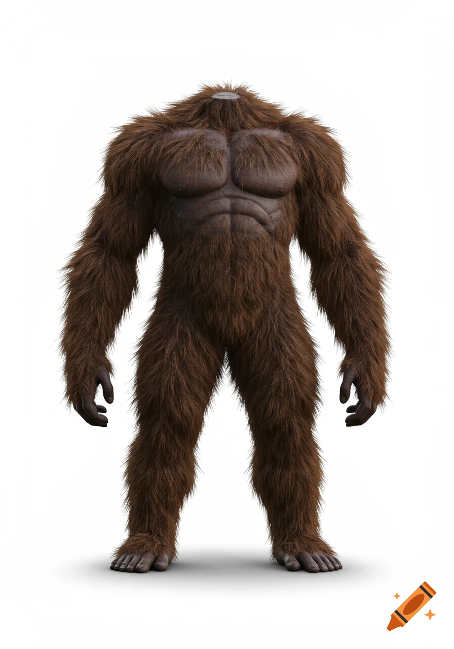 A muscular, furry brown Bigfoot body with no head, standing against a white background.