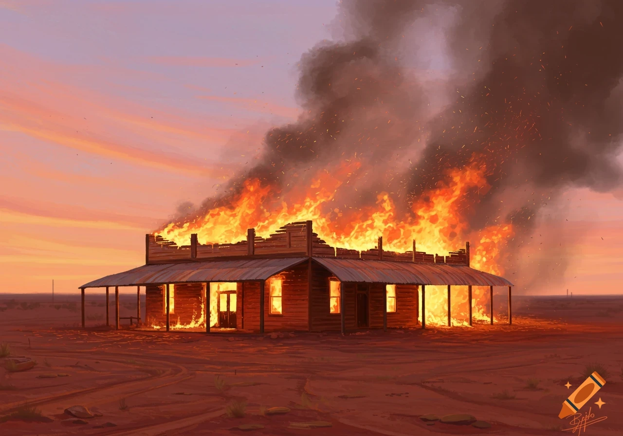 A wooden building engulfed in bright orange flames and dark smoke at sunset in a vast, flat desert.