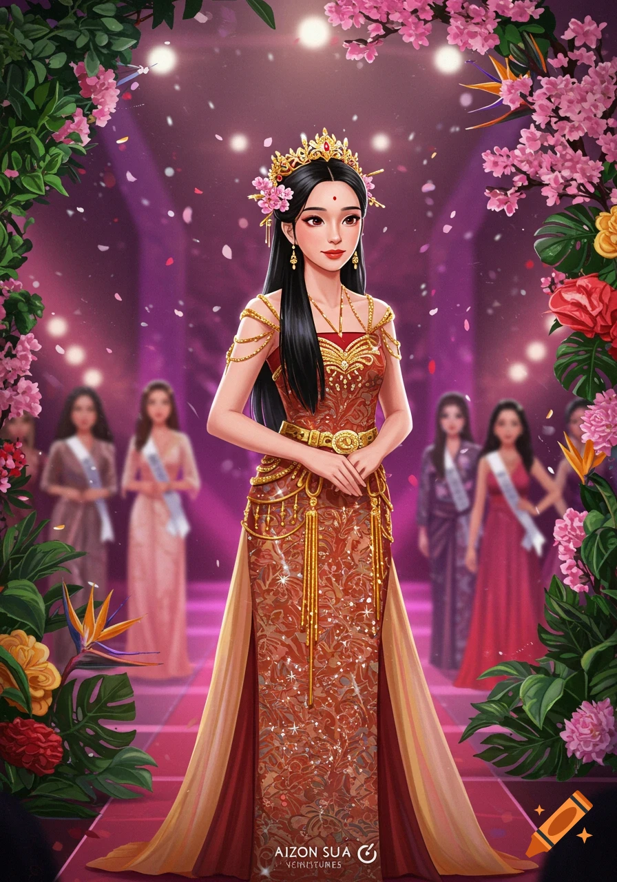 An illustrated Asian woman in an ornate red and gold gown and crown stands on a stage adorned with pink flowers, with blurred figures in the background.