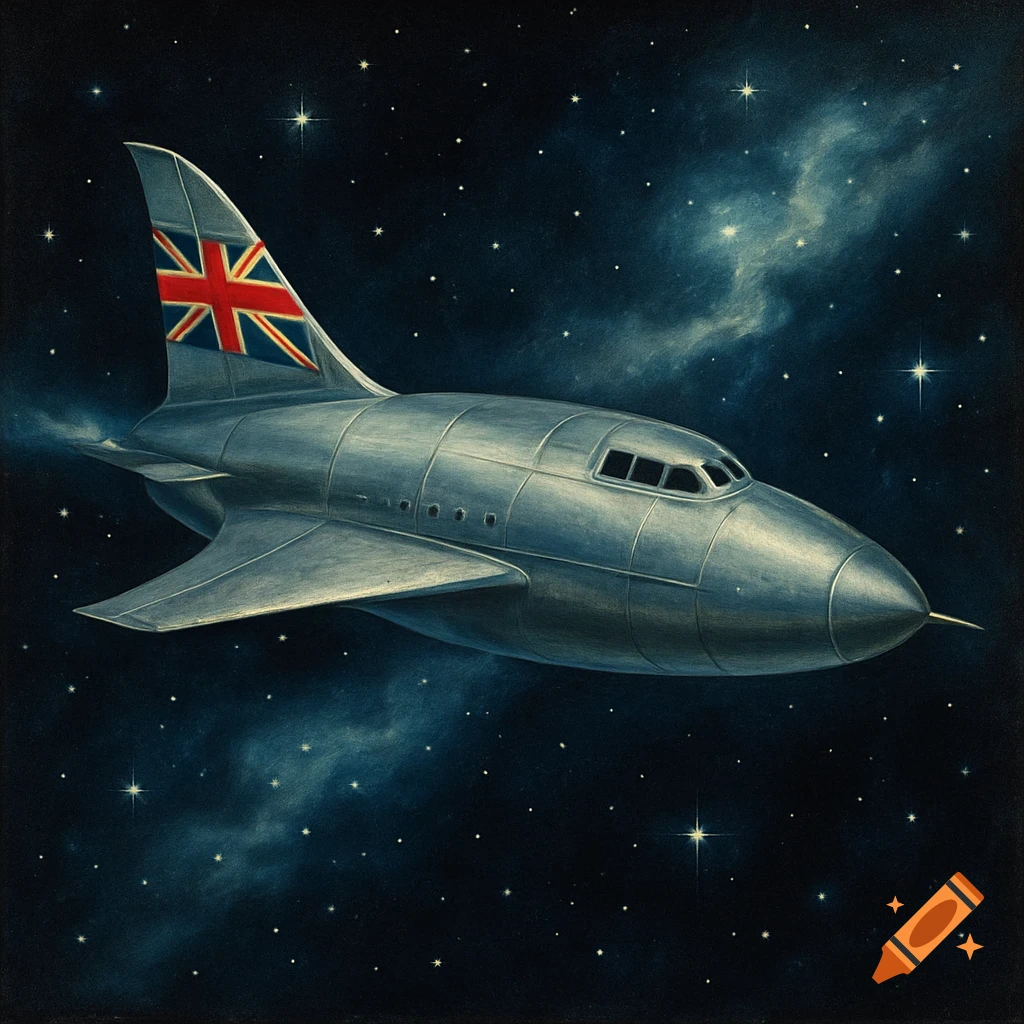 A retro-futuristic spacecraft with a Union Jack flag on its fin flies through deep space, surrounded by stars and nebulae.