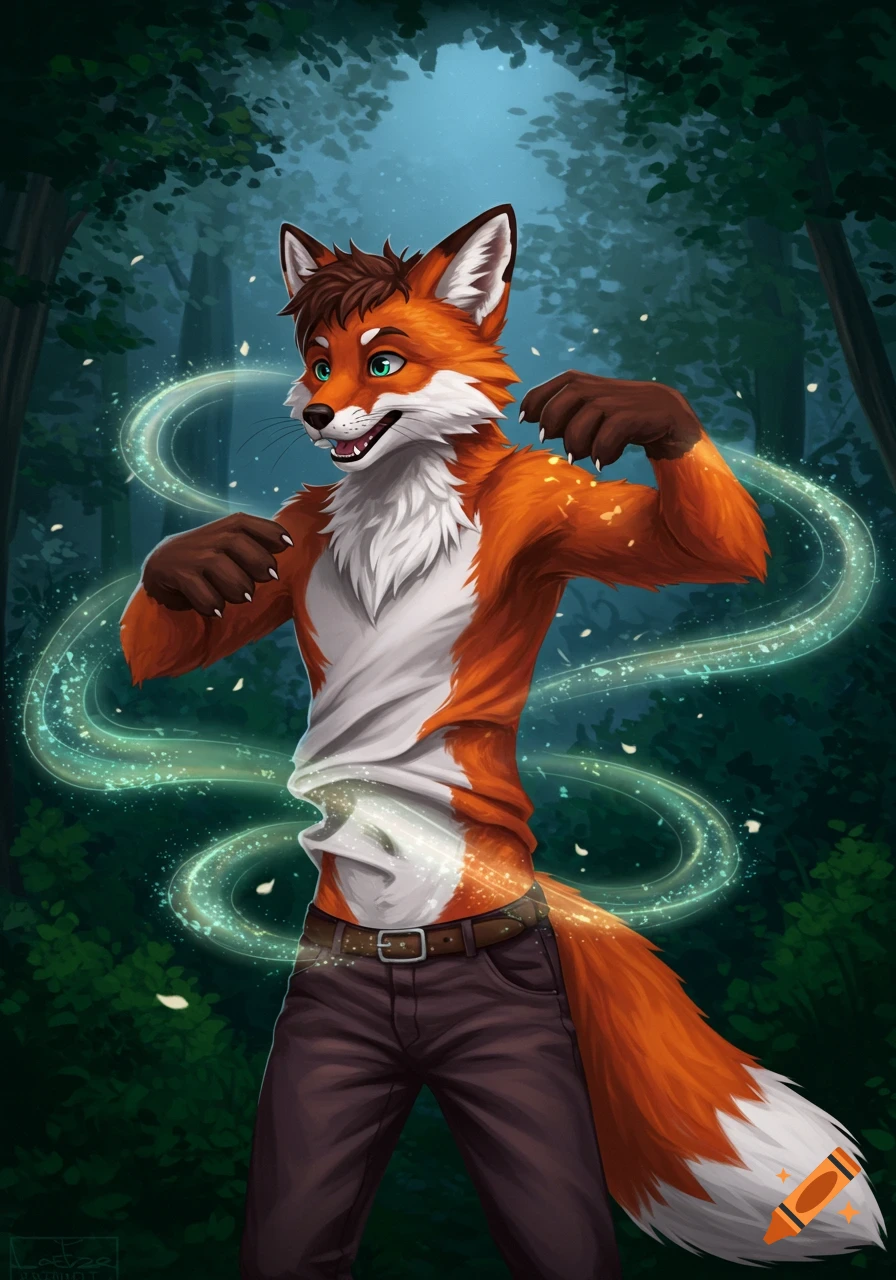 A vibrant digital illustration of an anthropomorphic fox character in a forest, surrounded by glowing magical trails.