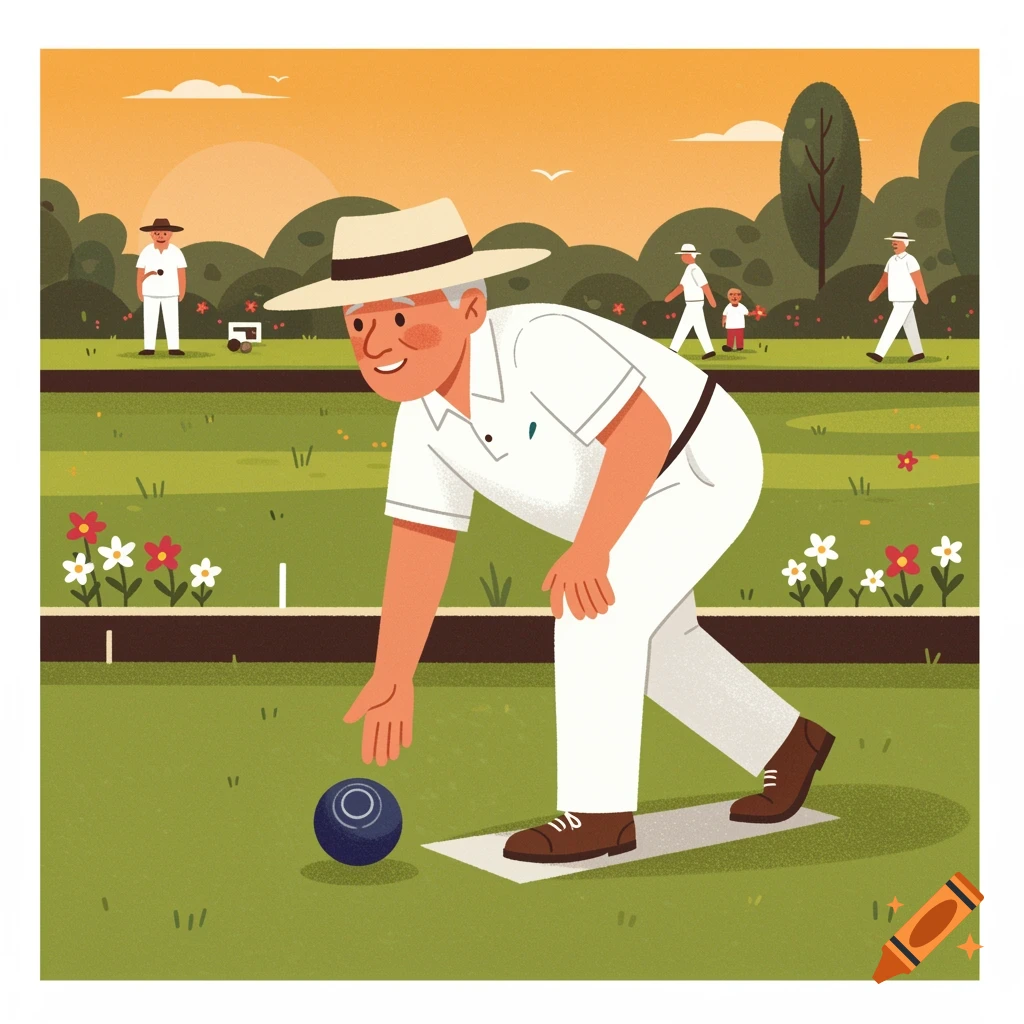 A stylized illustration of an older man in white playing lawn bowls on a green field at sunset.