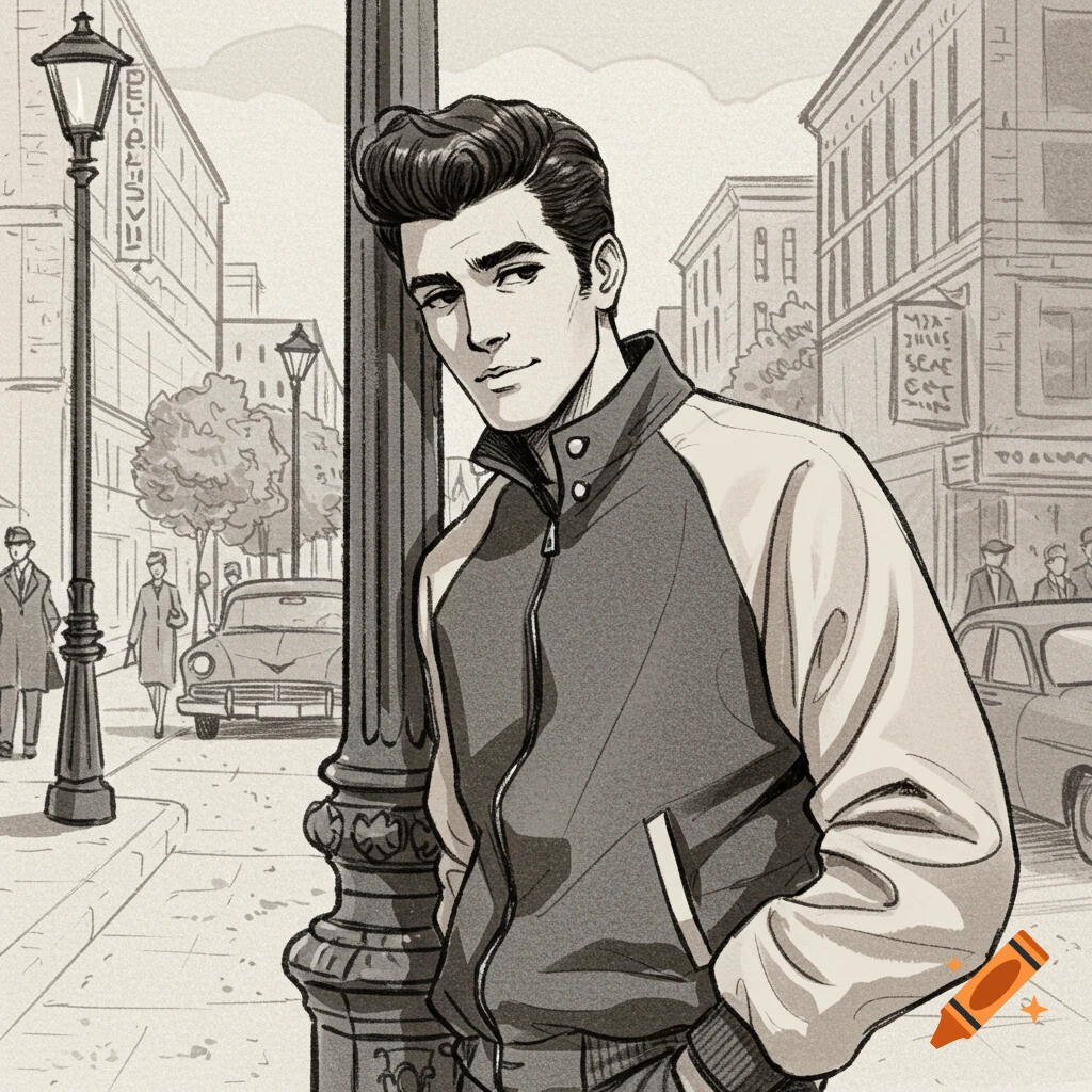 A cool-looking retro man in a raglan sleeve jacket leans on a lamppost on a city street, in a hand-drawn sketch style.