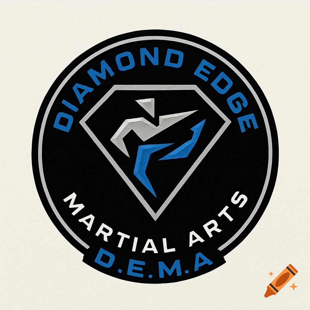 A black circular logo for 'Diamond Edge Martial Arts' with a blue and white diamond design and abstract fighter graphic.