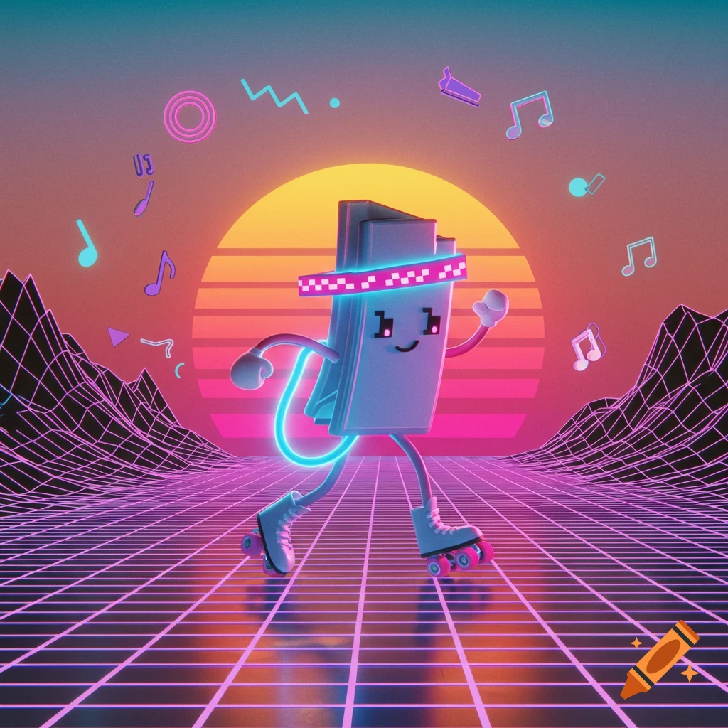 An anthropomorphic Clippy character on roller skates in an 80s synthwave landscape with a grid floor and sunset.