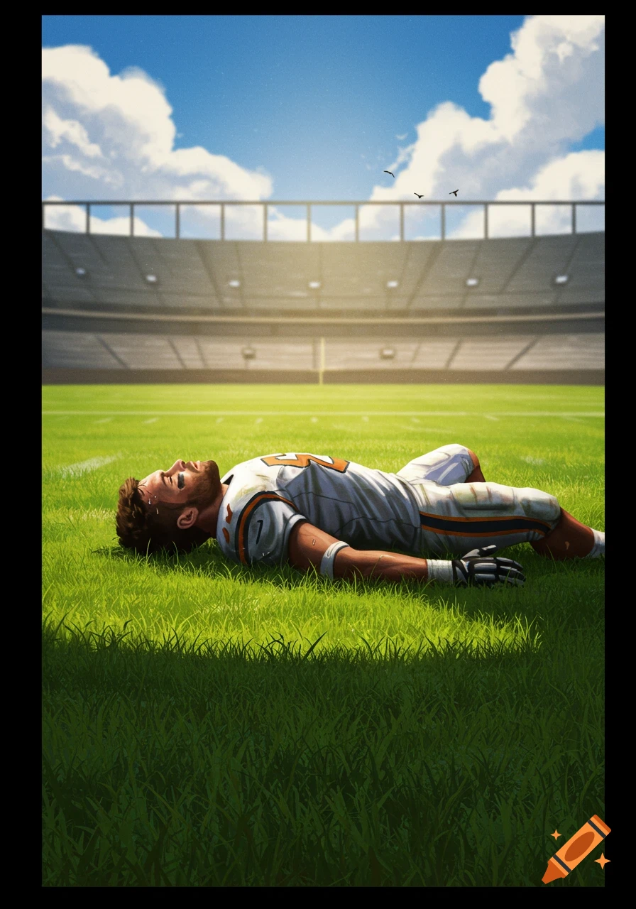 An exhausted football player in a white and orange jersey lies on the green grass of a sunlit stadium field.