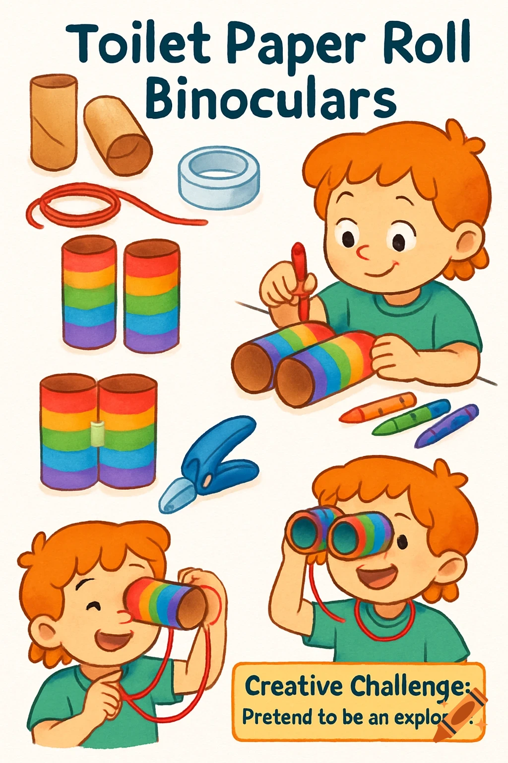 Cartoon guide for making toilet paper roll binoculars, showing a child crafting and using them.