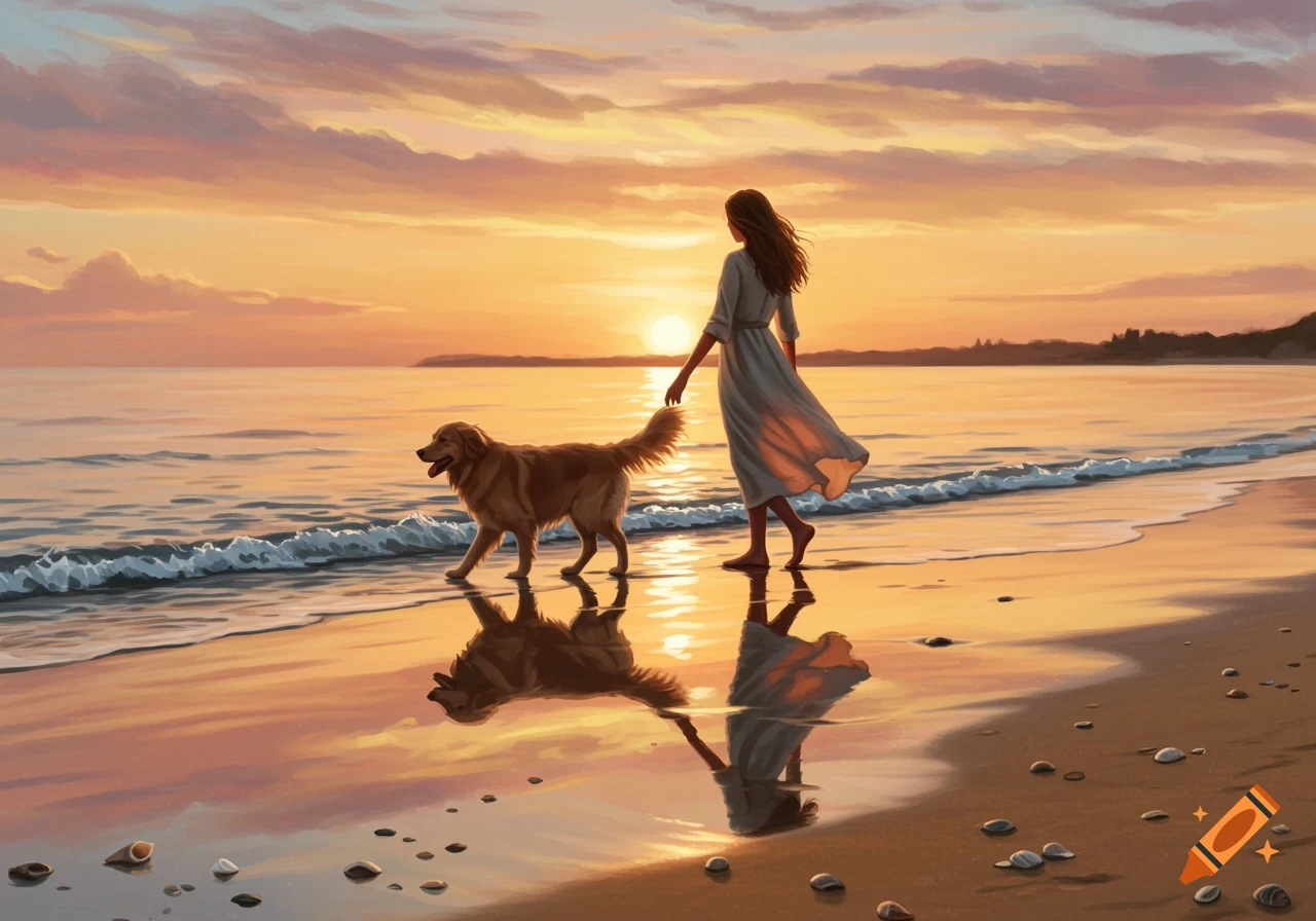 A woman and a Golden Retriever dog walk on a wet beach at sunset, their reflections visible in the sand, in a painterly style.